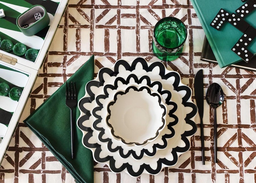 Dinner Plates | Coton Colors by Laura Johnson Black Arabesque Trim Scallop Dinner Plate