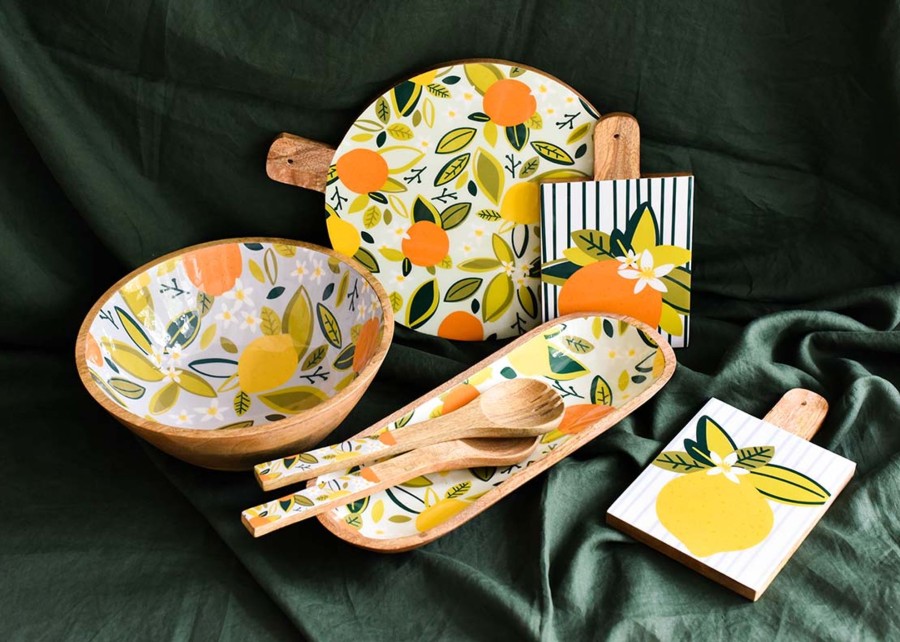 Shop All Serveware & Entertaining | Coton Colors by Laura Johnson Blue Citrus Print Wood Medium Round Board