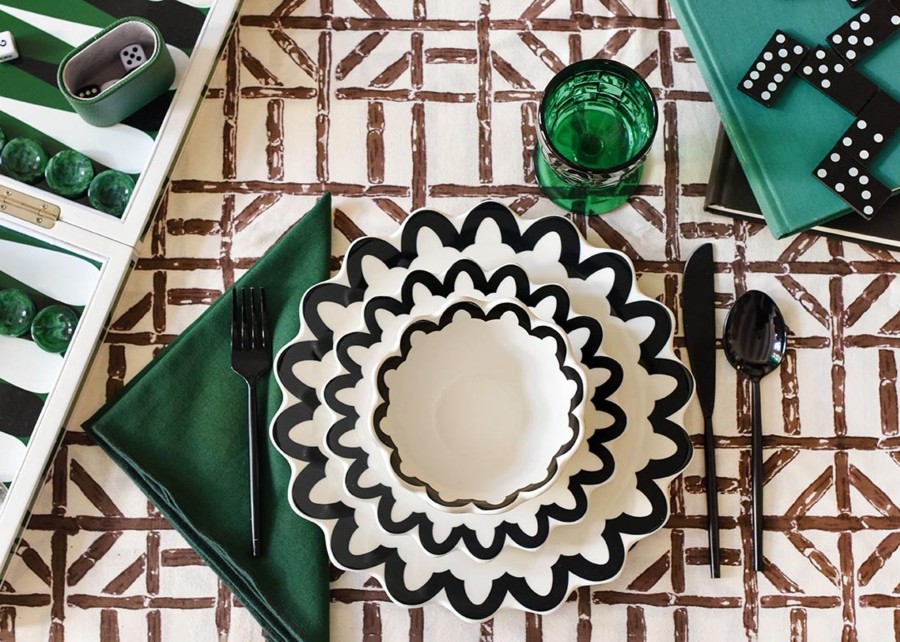 Serving Platters | Coton Colors by Laura Johnson Black Arabesque Trim Scallop Edge Platter